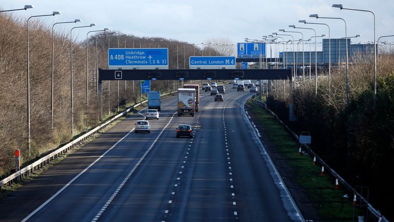 The M4 motorway, eastbound, near Heathrow Airport