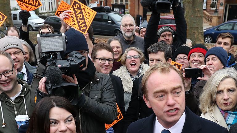 Newly-elected Liberal Democrat MP Sarah Olney with party leader Tim Farron on Richmond Green