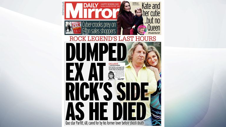 The Daily Mirror reports on the death of Status Quo guitarist Rick Parfitt, and claims his ex-wife was at his side when he died