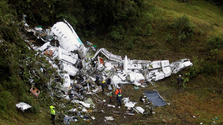 The wreckage of the plane carrying the Chapecoense team after it crashed