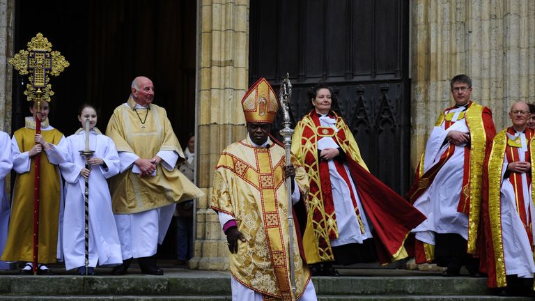 Dean of York Minster Vivienne Faull (centre) and Archbishop of York Dr John Sentamu following the Christmas Day service
