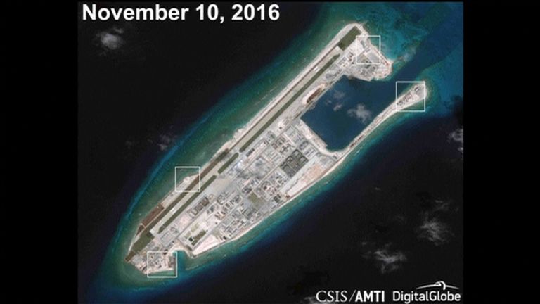 AMTI image apparently showing anti-aircraft guns on Fiery Cross Reef in the South China Sea