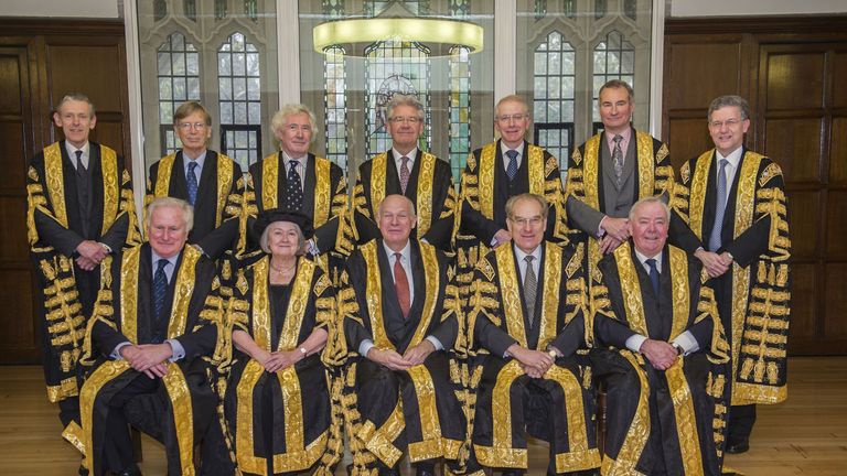 Members of the Supreme Court: (back row left to right) Lord Toulson (not sitting in the Article 50 case), Lord Carnwath, Lord Sumption, Lord Wilson, Lord Reed, Lord Hughes, Lord Hodge, (front row left-right) Lord Kerr, Lady Hale, Lord Neuberger, Lord Mance, Lord Clarke, who are the Justices of the Supreme Court of the UK who will be sitting on the Article 50 case. 