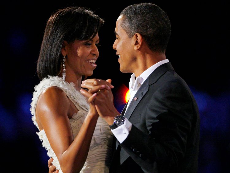 Michelle Obama and Barack Obama share their first dance after his inauguration in 2009