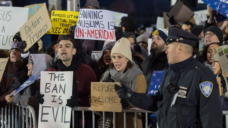 Protesters gathered at New York&#39;s JFK Airport in anger at the executive order
