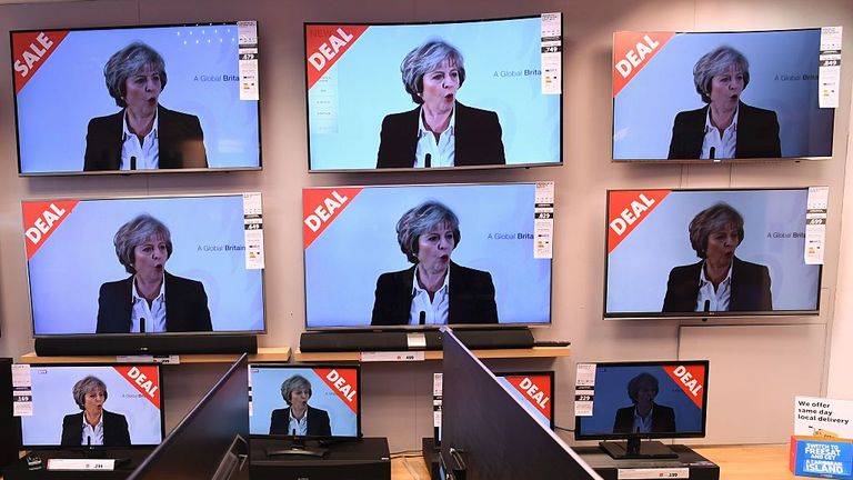 TVs on display for sale in a shop in Liverpool during the PM&#39;s Brexit speech