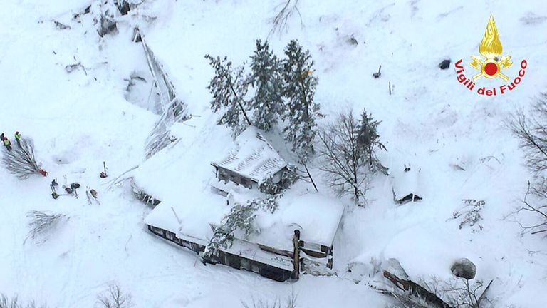 Handout photo issued by Virgili del Fuoco after an avalanche buried the Hotel Rigopiano in Abruzzo