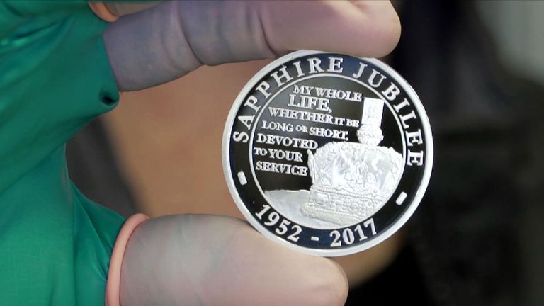 The Royal Mint is to mark the 65th anniversary of the Queen&#39;s accession to the throne with a range of specially designed Sapphire Jubilee commemorative coins. Pic grab from b-roll video given to Sky News