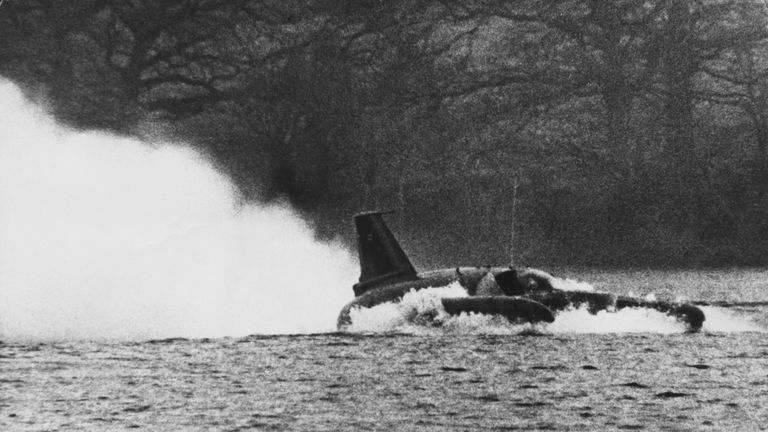 Donald Campbell in his &#39;Bluebird&#39; at Coniston Water in Lancashire.