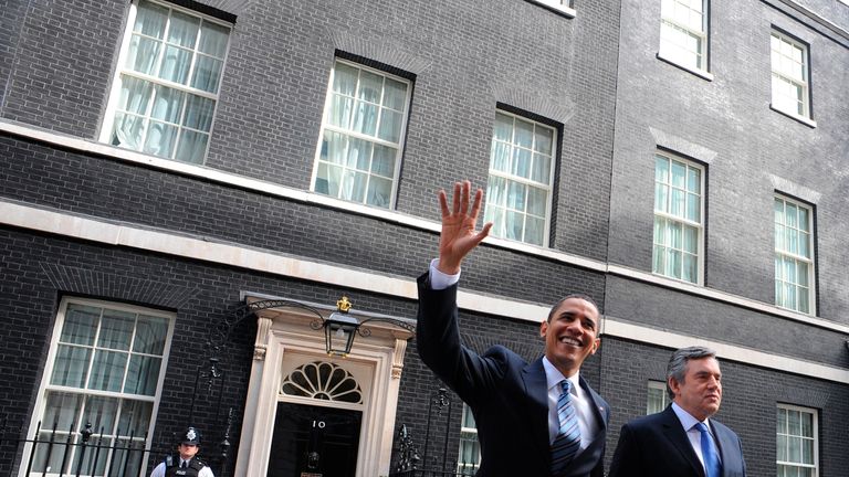 Gordon Brown and Barack Obama leave 10 Downing Street, 2009