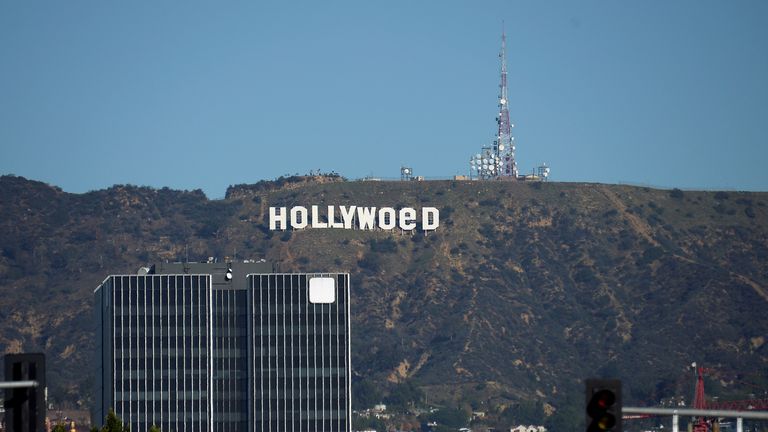 The Hollywood sign after being defaced