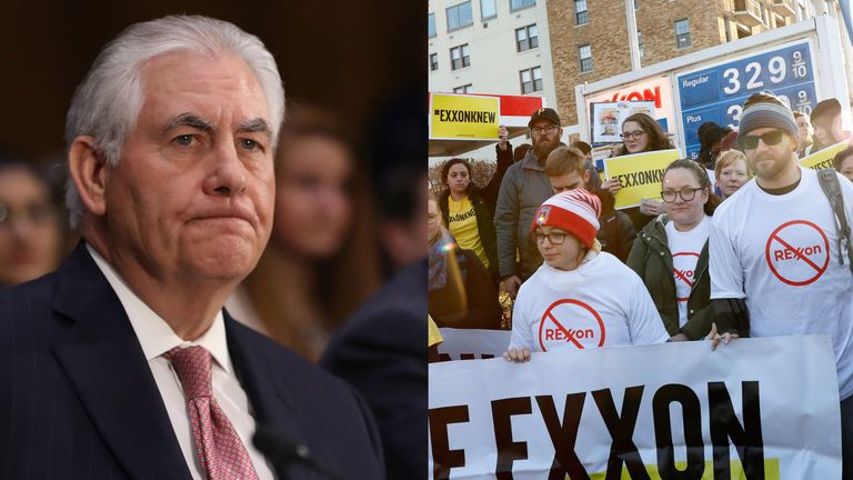 Rex Tillerson and people protesting against him as the next Secretary of State