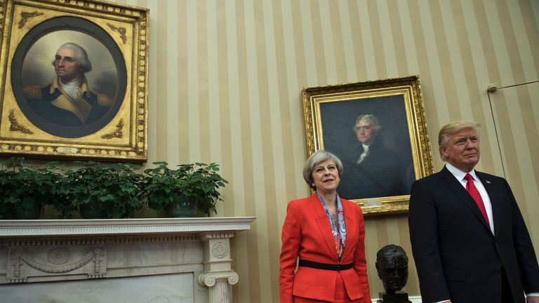 Theresa May and Donald Trump pictured with the Churchill bust at the White House
