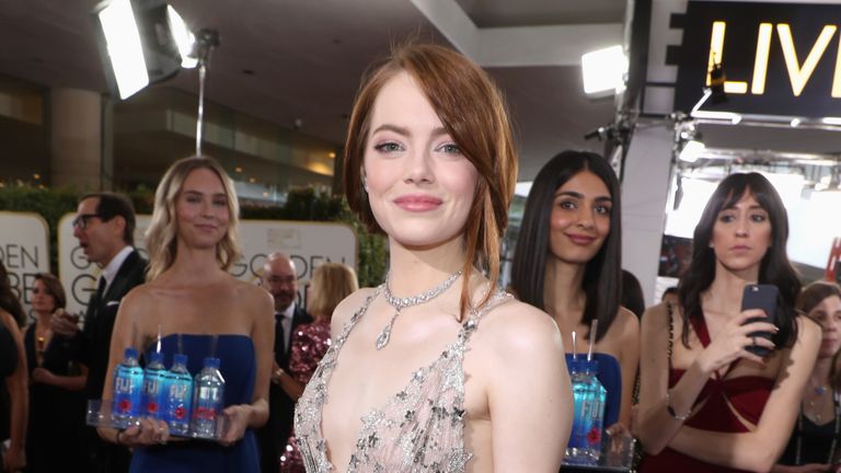 Actress Emma Stone at the 74th annual Golden Globe Awards sponsored by FIJI Water at The Beverly Hilton Hotel on January 8, 2017 in Beverly Hills, California