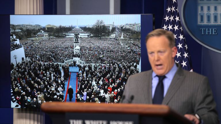 Pictures of crowds from another angle were shown as Sean Spicer criticised the media