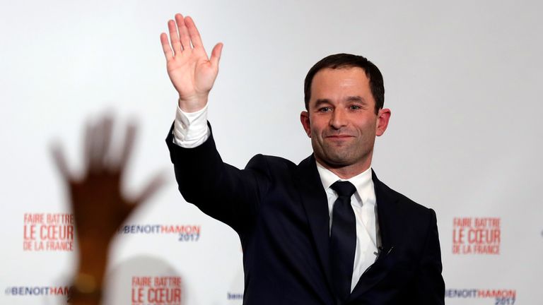 Former French education minister Benoit Hamon reacts after partial results in the second round of the French left's presidential primary election in Paris, France, January 29, 2017