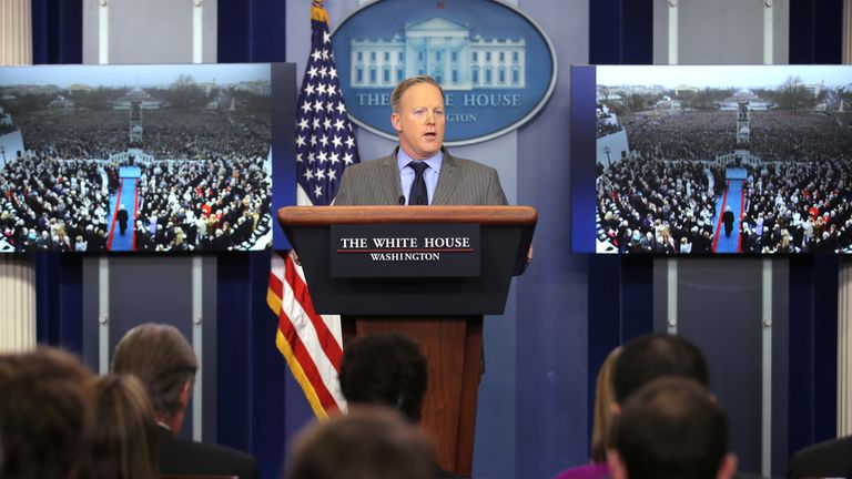 Pictures of crowds from another angle were shown as Sean Spicer criticised the media