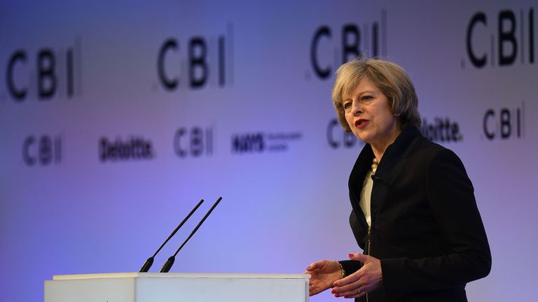 British Prime Minister Theresa May addresses delegates at the annual Confederation of British Industry conference in central London, on November 21, 2016