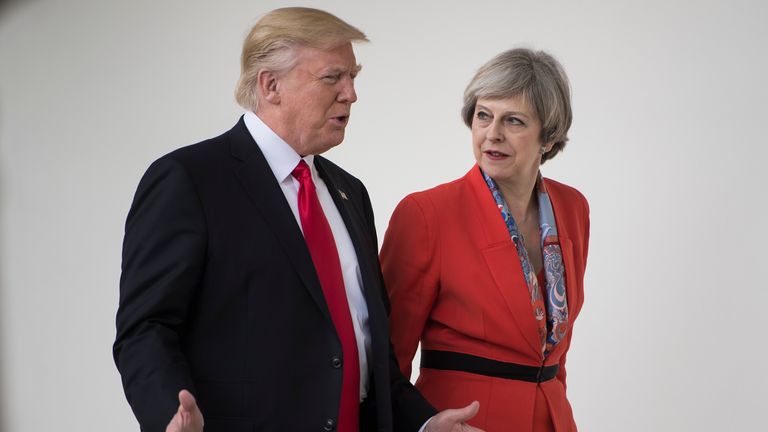 Donald Trump and Theresa May talk at the White House