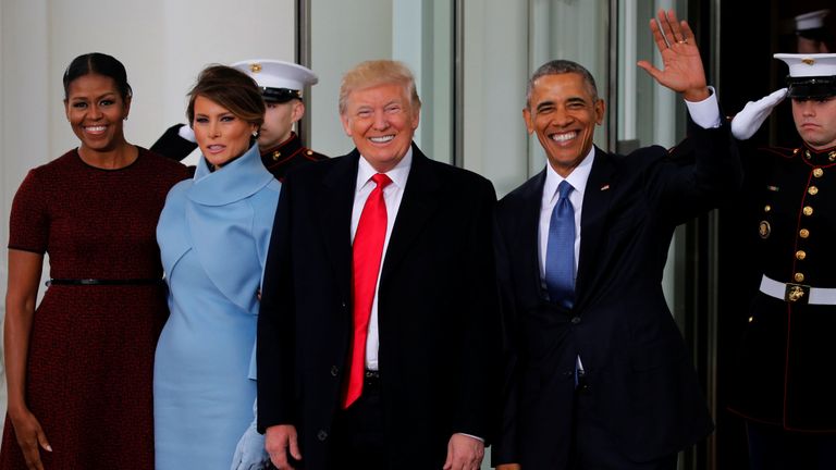 U.S. President Barack Obama and first lady Michelle Obama greet Donald Trump and his wife Melania