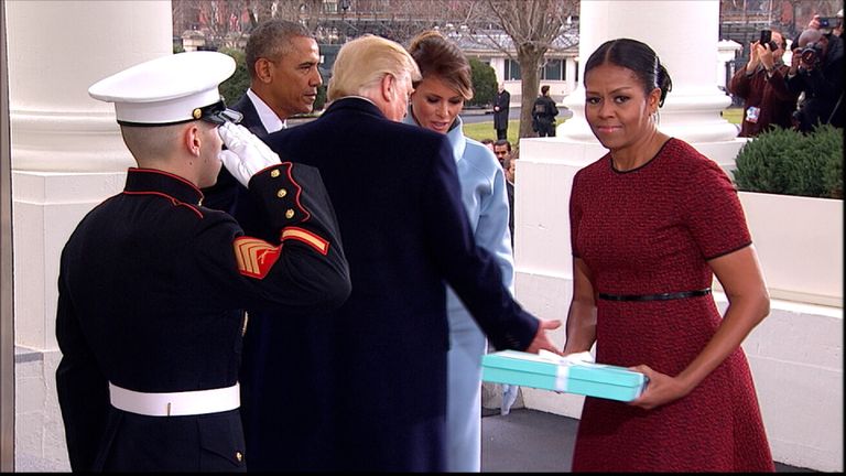 Michelle Obama receives a gift from Melania Trump