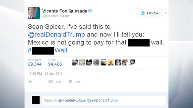 Former Mexican president Vicente Fox Quesada reacts to Donald Trump&#39;s border wall announcement on Twitter