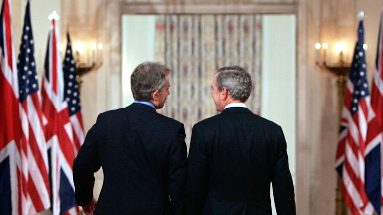 U.S. President George W. Bush and British Prime Minister Tony Blair  after speaking to reporters about Iraq in Washington May 25, 2006