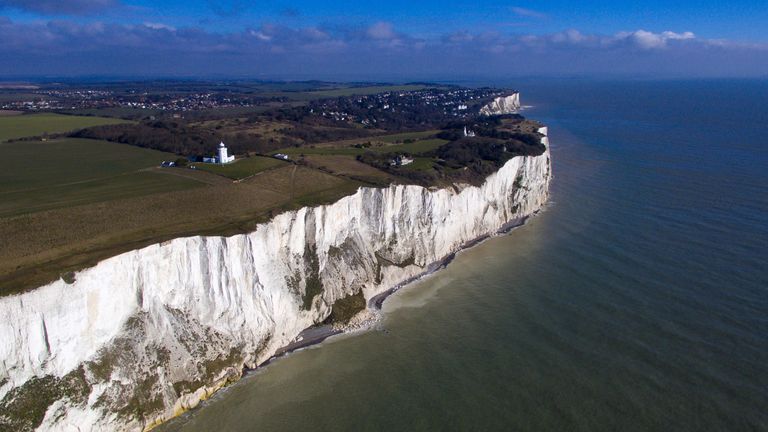 An aerial view of the white cliffs of Dover