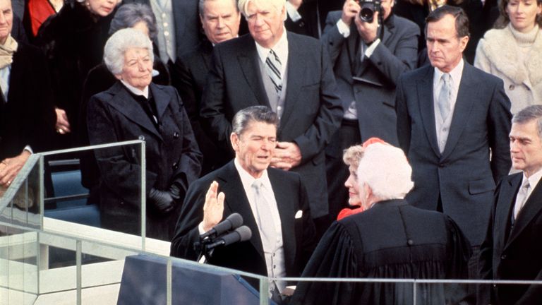 Ronald Reagan is sworn in by Chief Justice Warren Burger