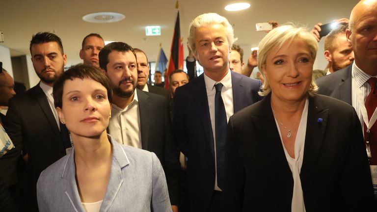 Frauke Petry, Matteo Salvini, Geert Wilders and Marine Le Pen at a conference of Europe&#39;s nationalists