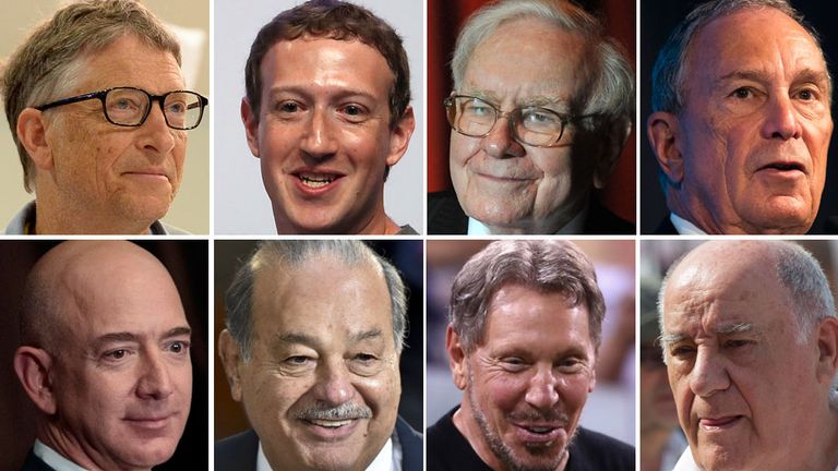 From top L-R: Bill Gates,  Mark Zuckerberg, Warren Buffett, Michael Bloomberg. Bottom L-R: Jeff Bezos, Carlos Slim, Larry Ellison, 
Amancio Ortega