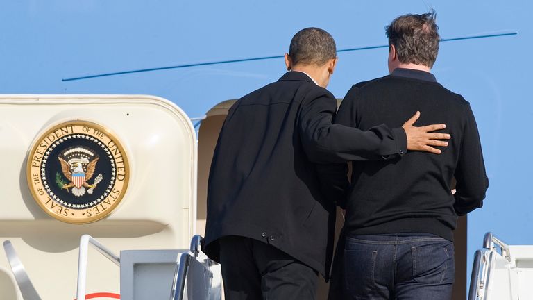 Barack Obama welcomes David Cameron aboard Air Force One at Andrews Air Force Base, Maryland, 2012.  