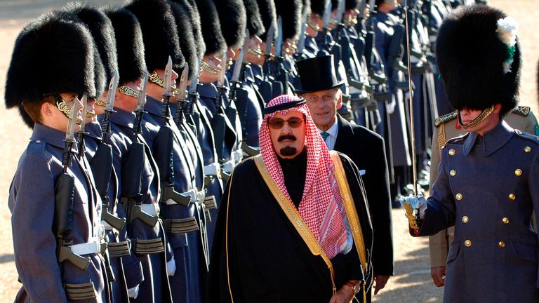 Saudi Arabia's King Abdullah, followed by Prince Philip, reviews a Guard of Honour in Horse Guards, London October 30, 2007