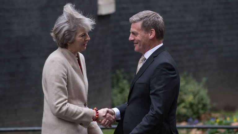 Prime Minister Theresa May greets New Zealand Prime Minister Bill English in Downing Street