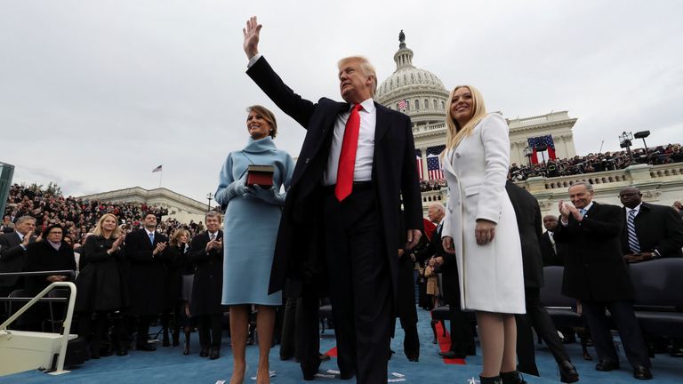 U.S. President Donald Trump acknowledges the audience after taking the oath of office 