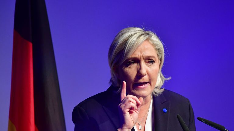 Marine Le Pen speaking at a meeting of leaders of Europe&#39;s nationalist parties