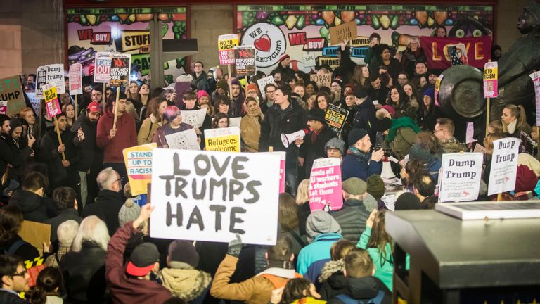 A protest against US President Donald Trump&#39;s controversial travel ban in Leeds
