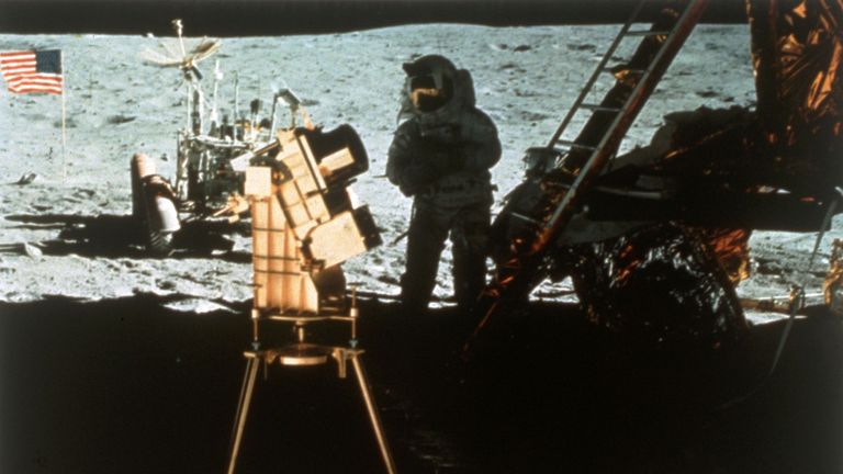 Astronauts John Young and Charles Duke on the surface of the moon during the manned Apollo 16 mission