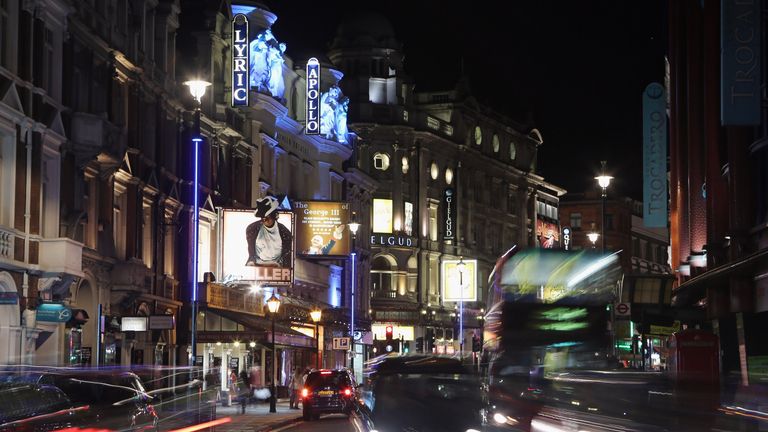 West End theatres on London&#39;s Shaftesbury Avenue 