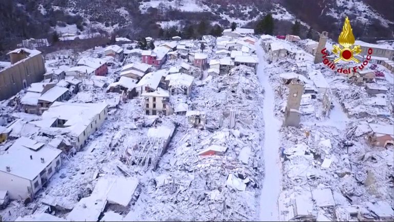 Amatrice, which was hit by earthquakes last year, covered in snow