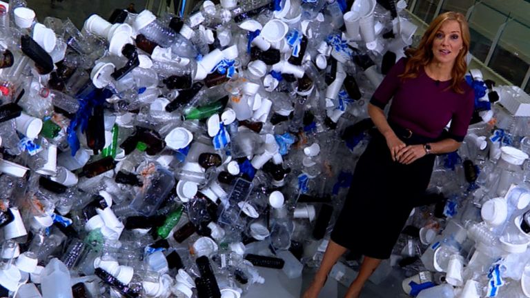 Sky&#39;s Sarah-Jane Mee surrounded by plastic waste