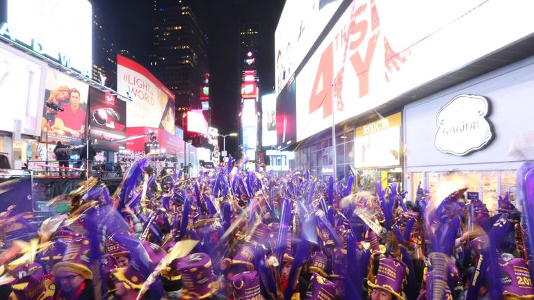 Revelers in Times Square for the New Year&#39;s celebration in Manhattan, New York City