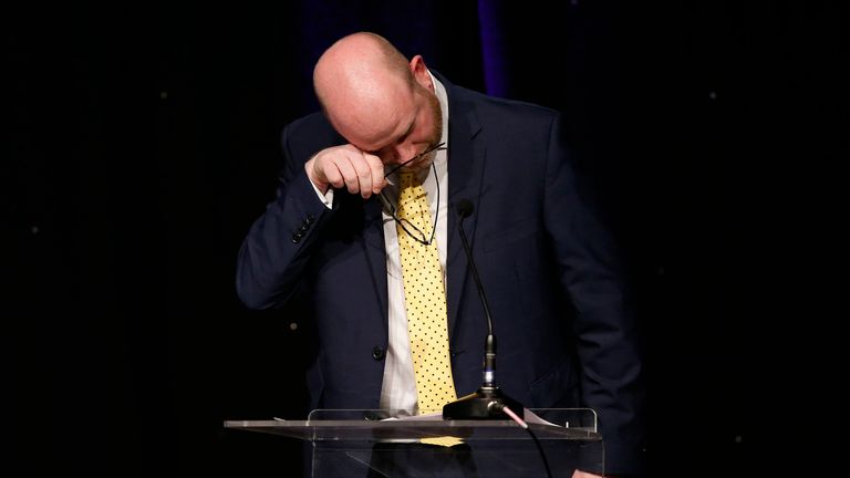 Paul Nuttall appears to cry after a standing ovation at the UKIP spring conference