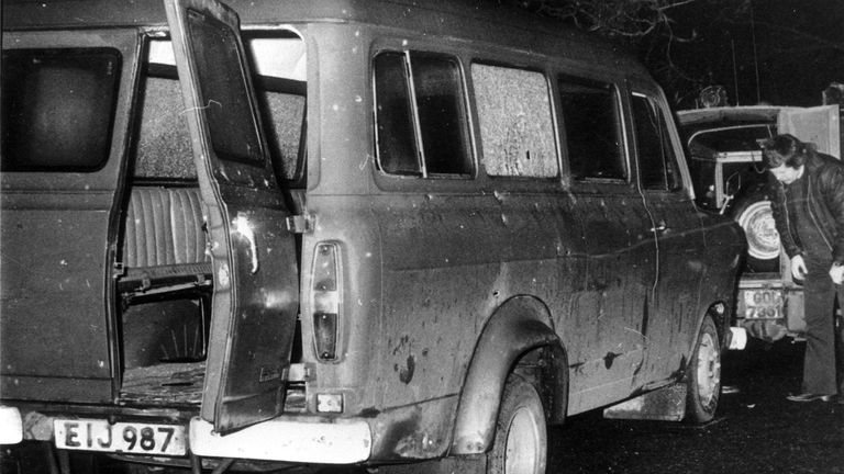The bullet-riddled minibus after the massacre