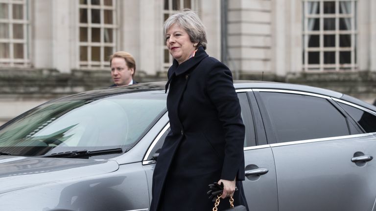 Prime Minister Theresa May arrives at Cardiff City Hall for a joint ministerial committee (JMC) which includes the leaders from Westminster, Cardiff, Edinburgh and Belfast on January 30, 2017