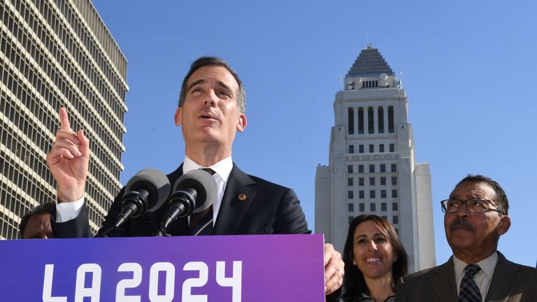 Los Angeles Mayor Eric Garcetti announces the Los Angeles City Councils 13-0 unanimous final approval vote to bid for the 2024 Summer Olympics in Los Angeles, California on January 25, 2017