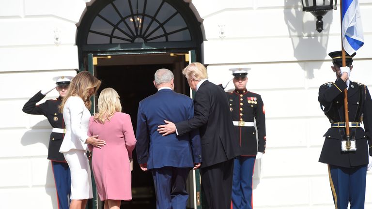 Sara and Benjamin Netanyahu are welcomed to the White House by the Trumps