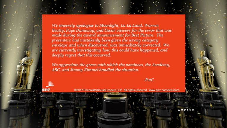 PwC tweeted an apology over the Oscars mix-up