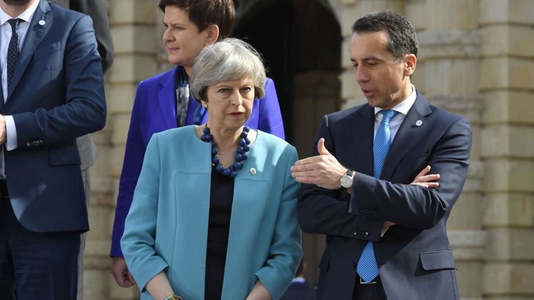 Theresa May and Christian Kern, Austrian chancellor, at an EU this month in Malta
