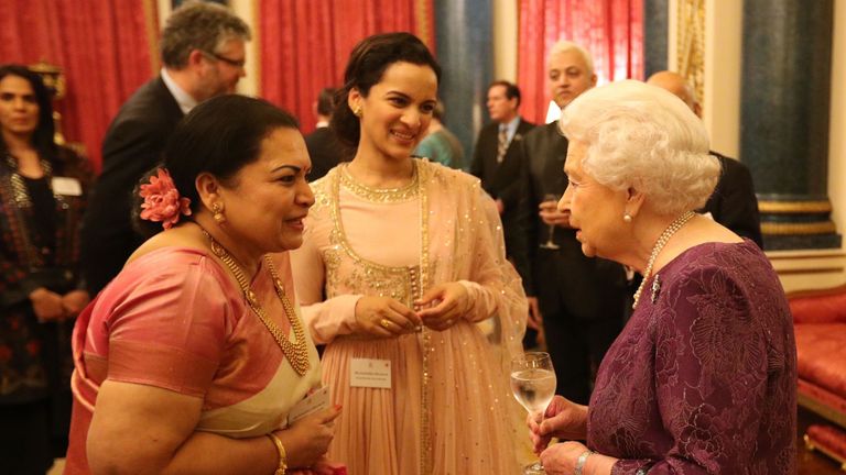 Queen Elizabeth II meets Sukanya Shankar (left) and Anoushka Shankar (centre), the the wife and daughter of Ravi Shankar at a reception to mark the launch of the UK-India Year of Culture 2017 at Buckingham Palace, London. 